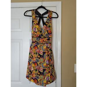 Miss Minuet Psychedelic Floral Backless Halter Dress Size Large Y2K Retro Glam